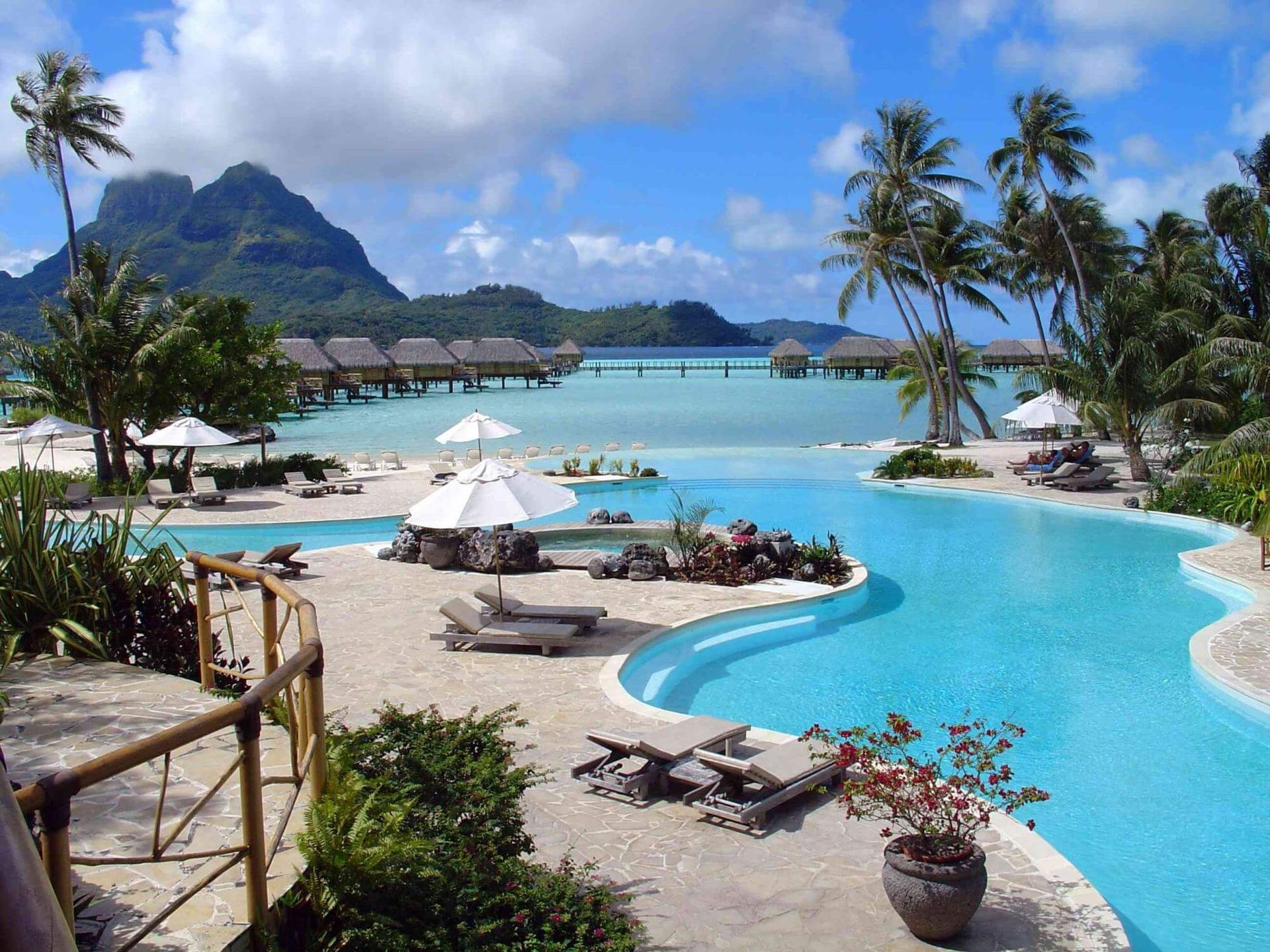 Resort pool winding between palm trees with mountains behind